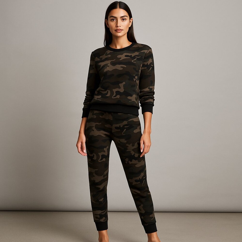 Soft Camouflage Print Sweatshirt Pants Set Fleece